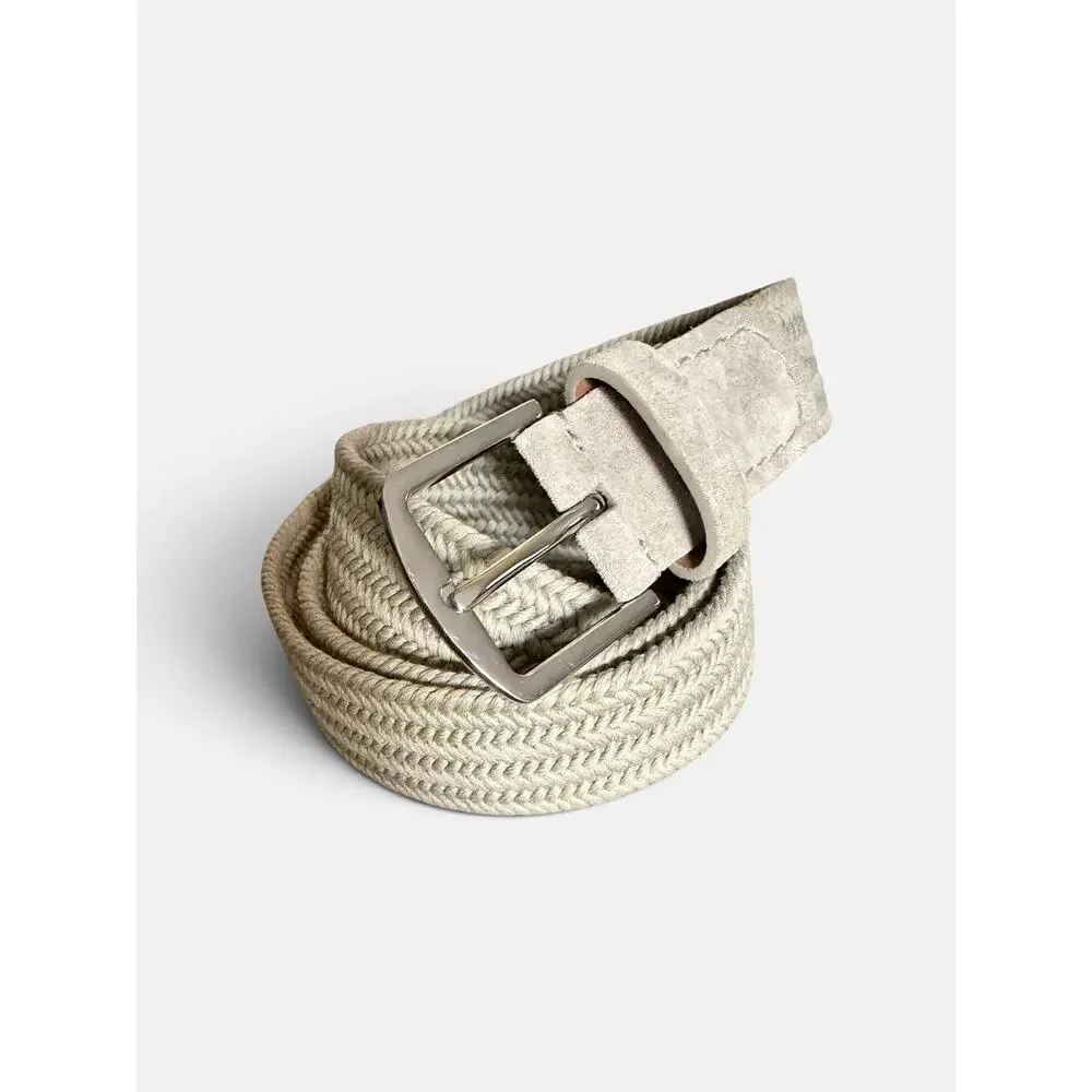 NWOT Loro Piana - 3.5cm Suede-Trimmed Woven Cotton Belt - Neutrals $380 size 38